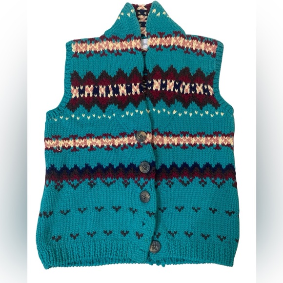 Vintage Hand-Knit Wool Fair Isle Sweater Vest Chunky Nordic Knit 1970s Boho S